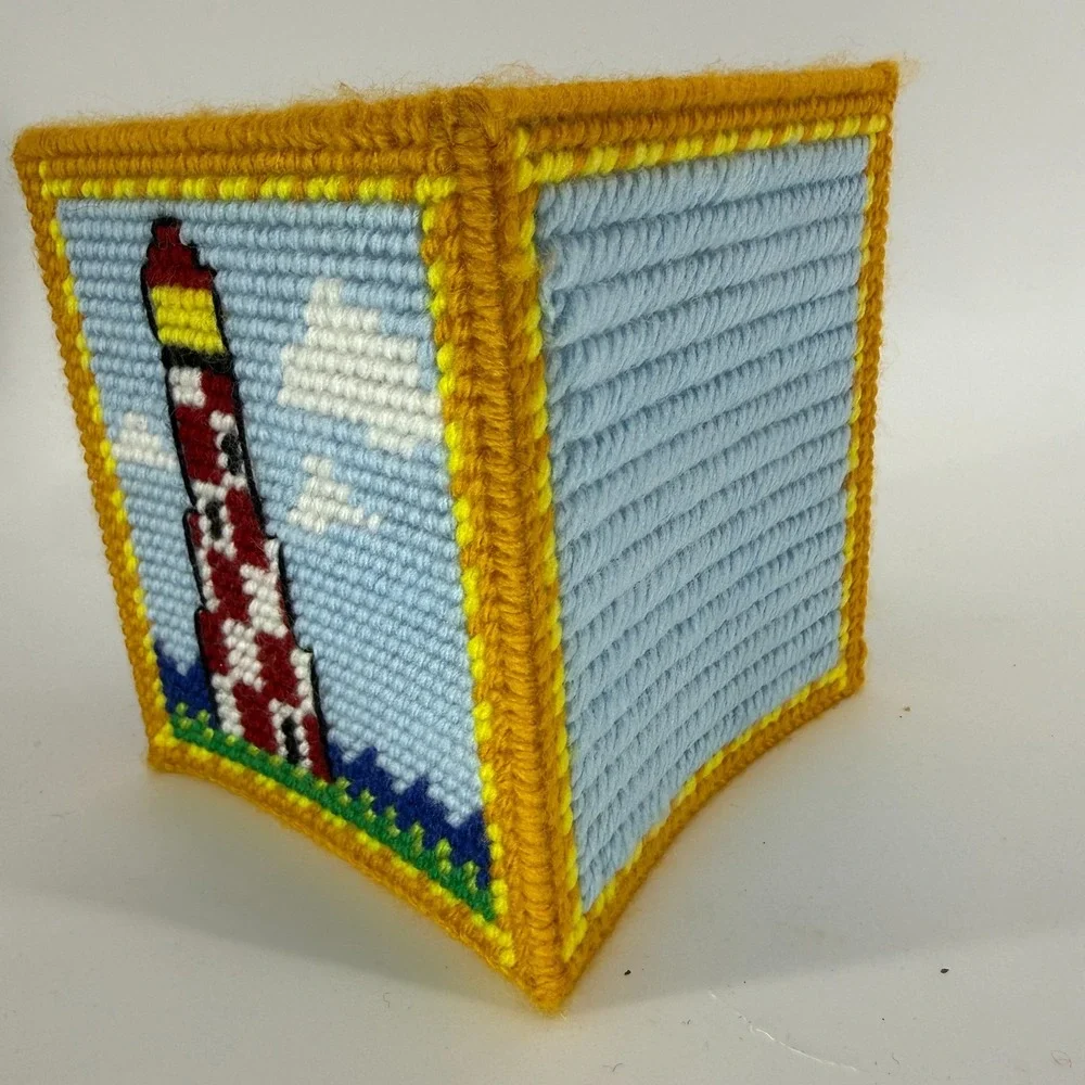 Vintage Handmade Needlepoint Plastic Canvas Tissue Box‎ Cover LIGHTHOUSE